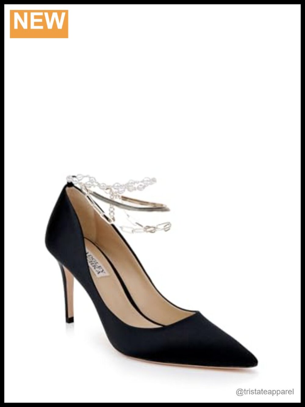 Satin Pointed Toe Pumps with Pearl Chain Ankle Strap Stiletto Heel